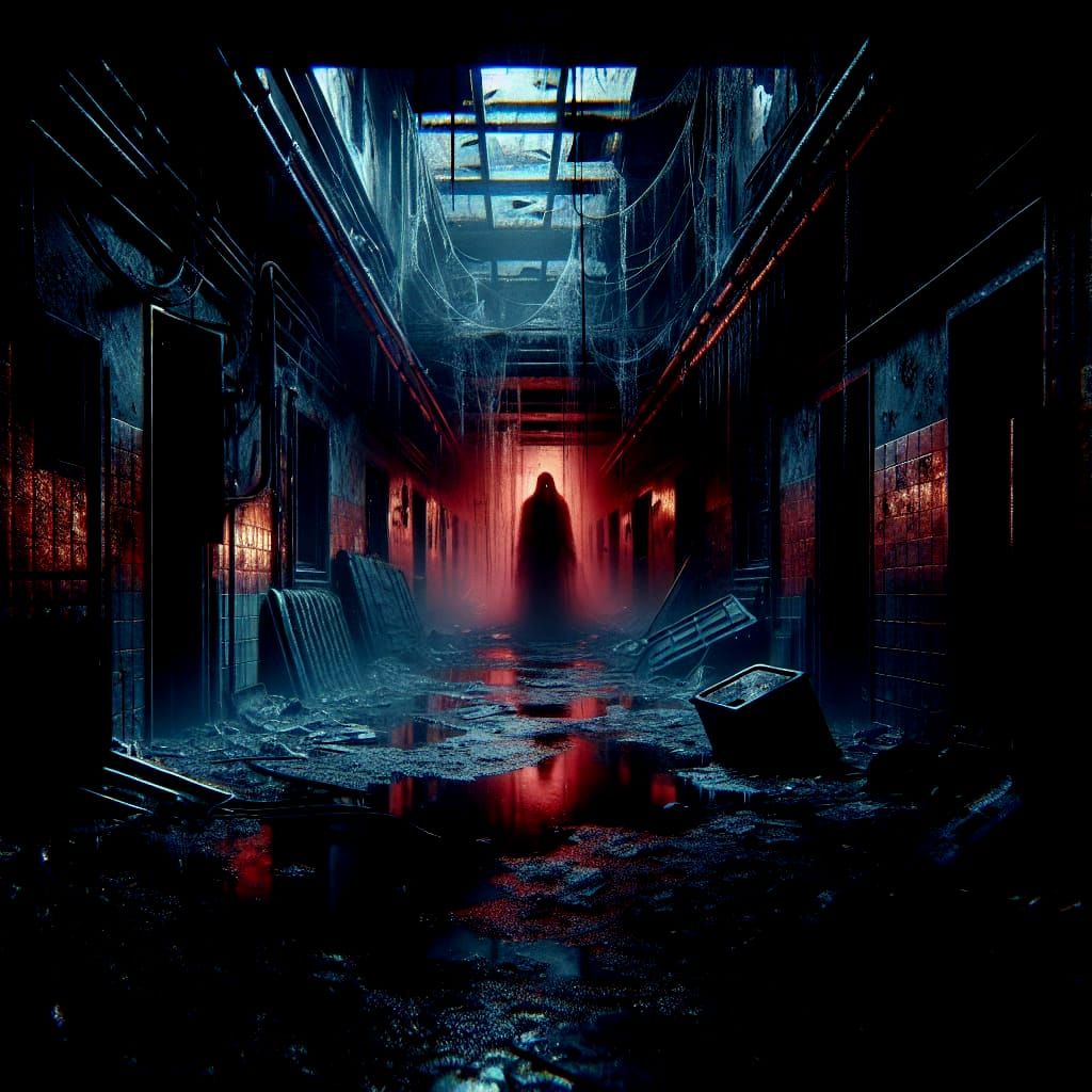 Eerie Hallway with Ghostly Figure in Photorealistic Style