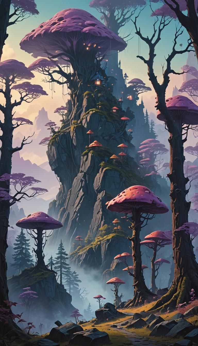 Mystical Mountain Peak with Glowing Mushrooms