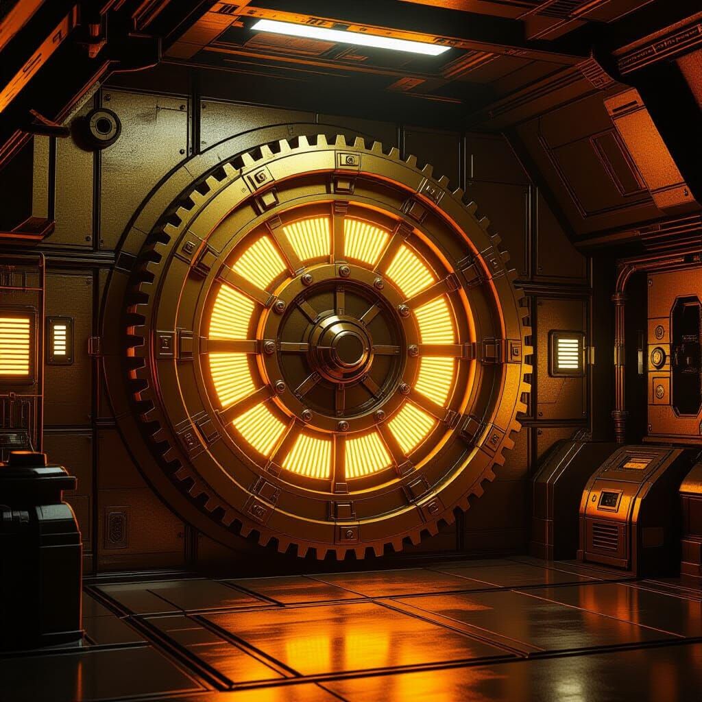 Retro-Futuristic Gears in Golden Light, Digital Art