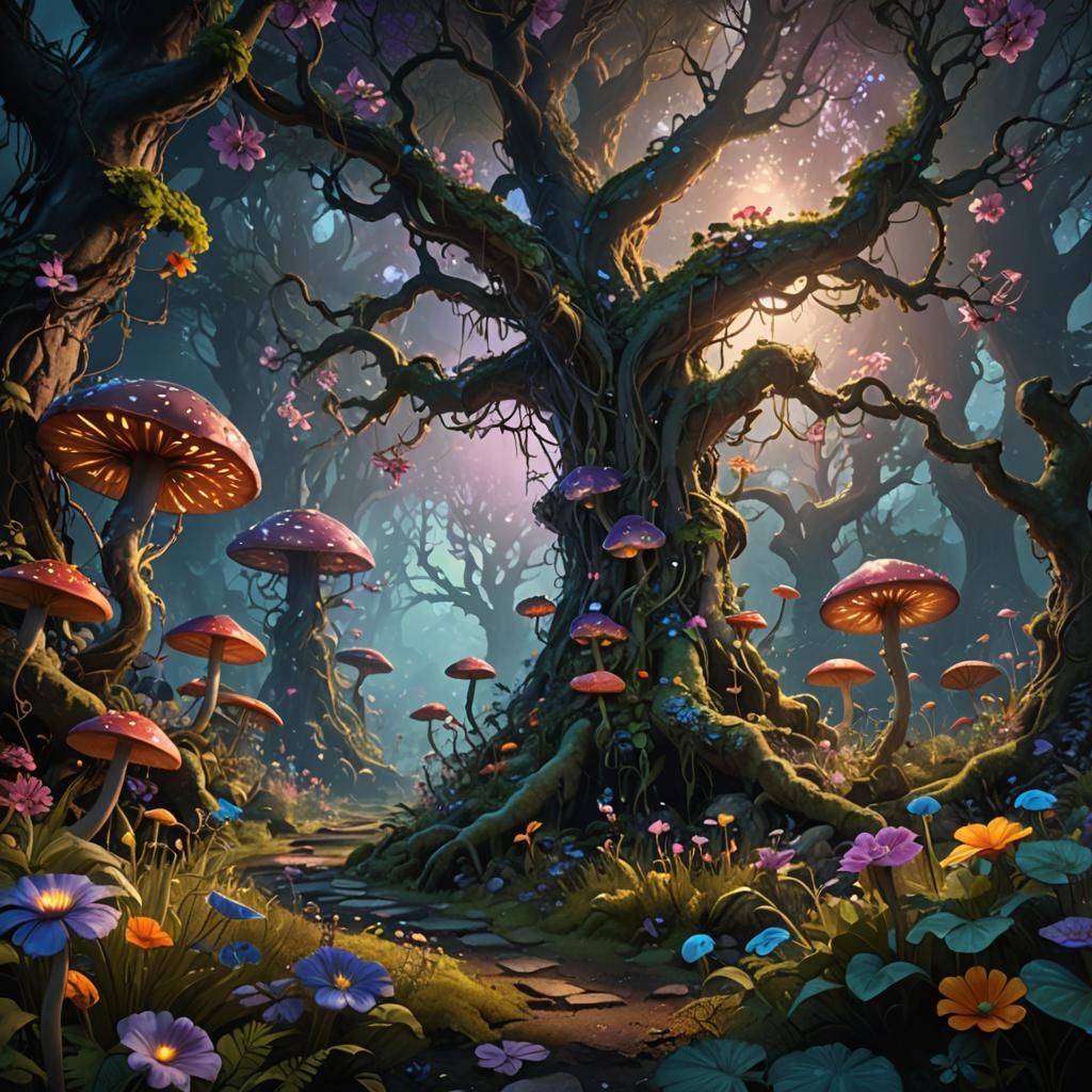 Mystical Forest with Glowing Flora in Dark Fantasy