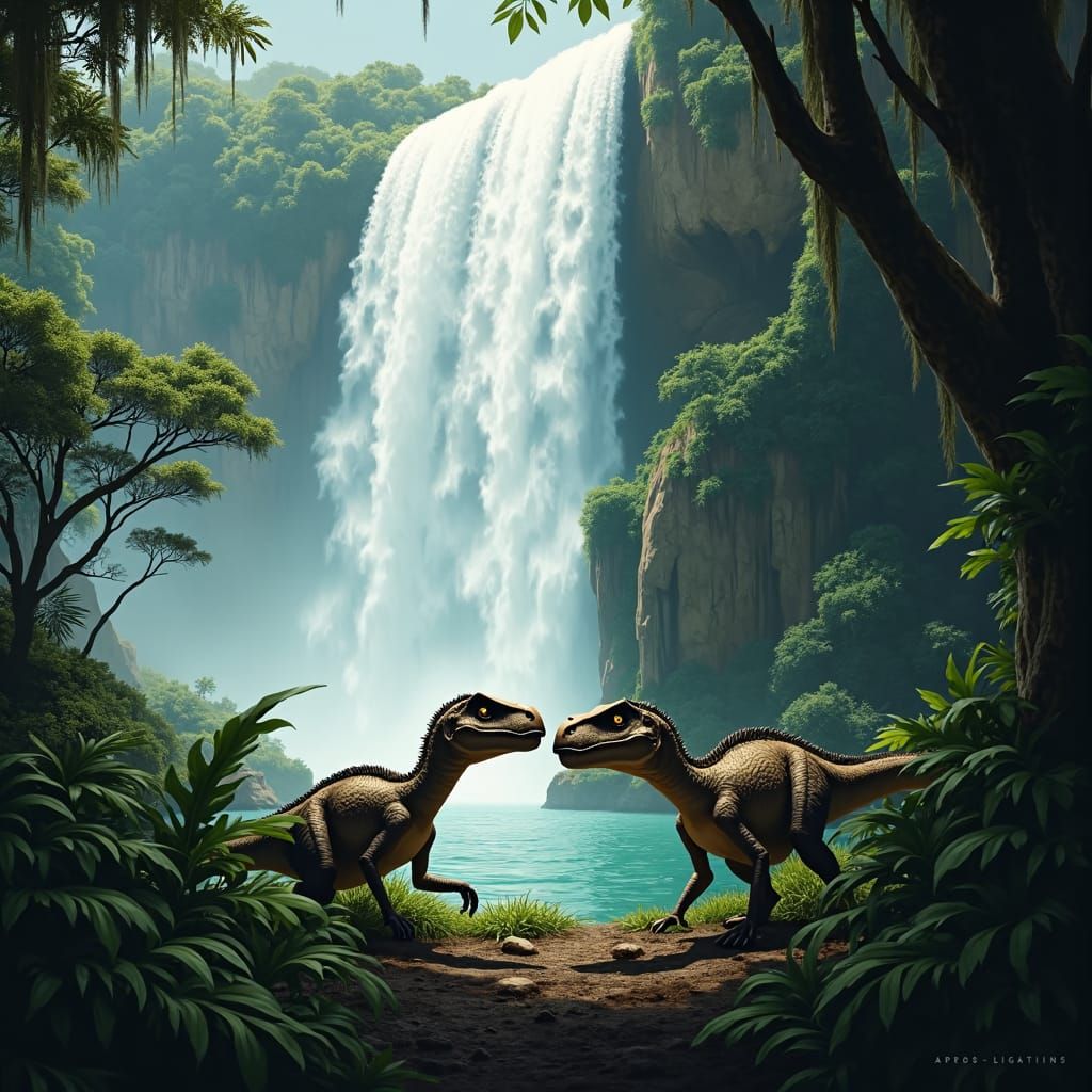 In the heart of a primeval jungle, a pack of Velociraptors stands motionless, hidden among the dense, emerald green foli...