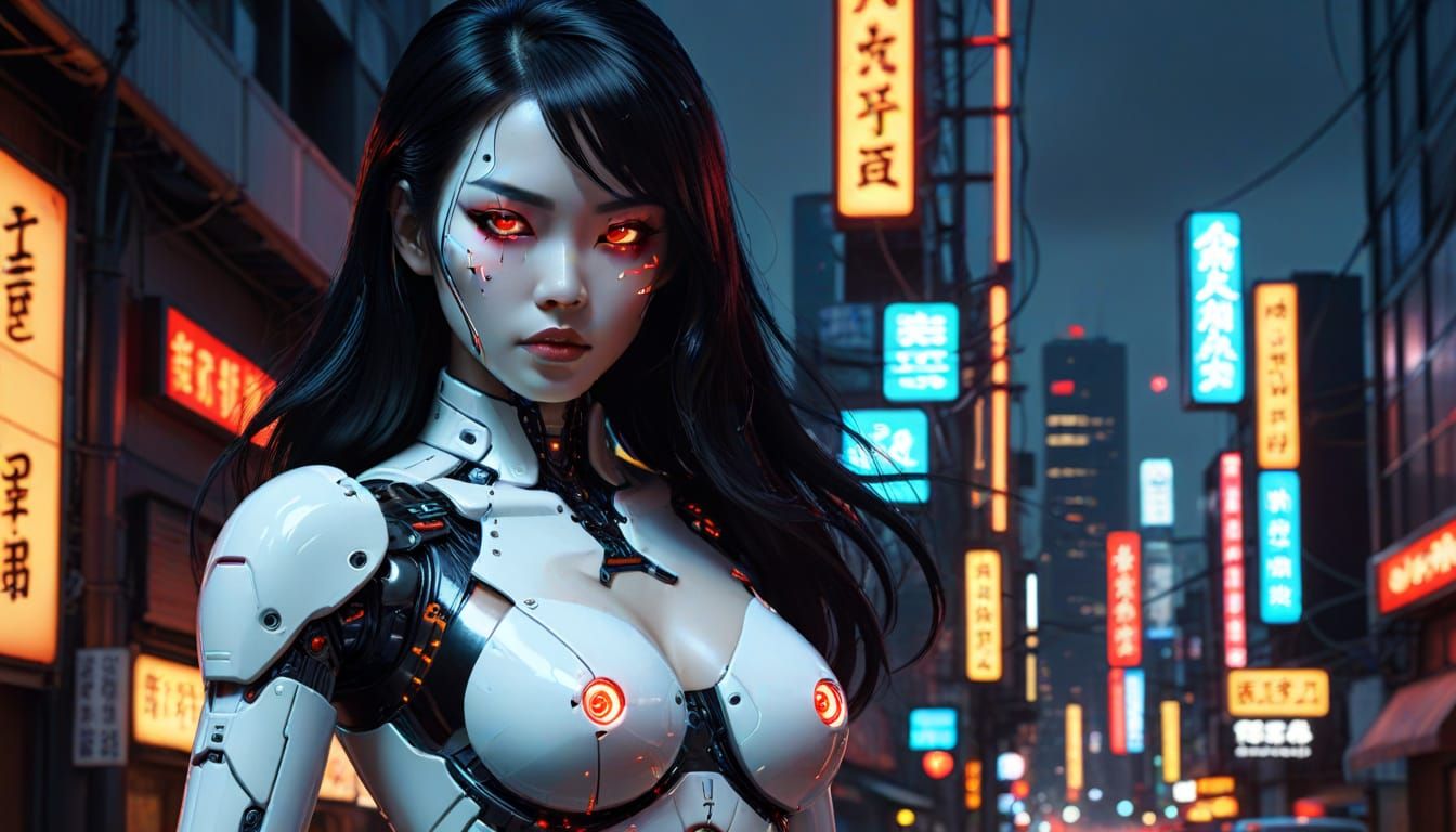 Japanese Gynoid Cyborg in Cyberpunk Cityscape