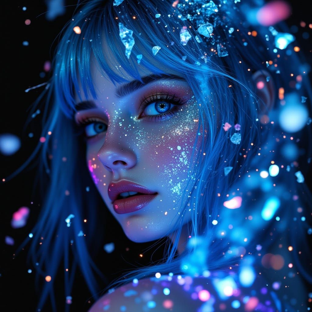 Electric Blue Gaze in Crystalline Dreamscape