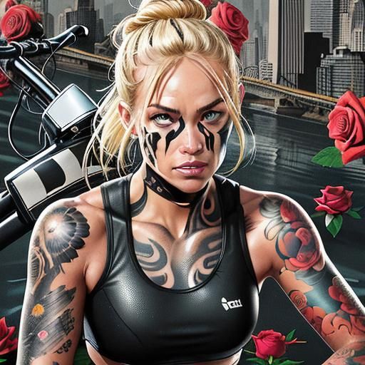 Comic Art of Tattooed Woman on Exercise Bike