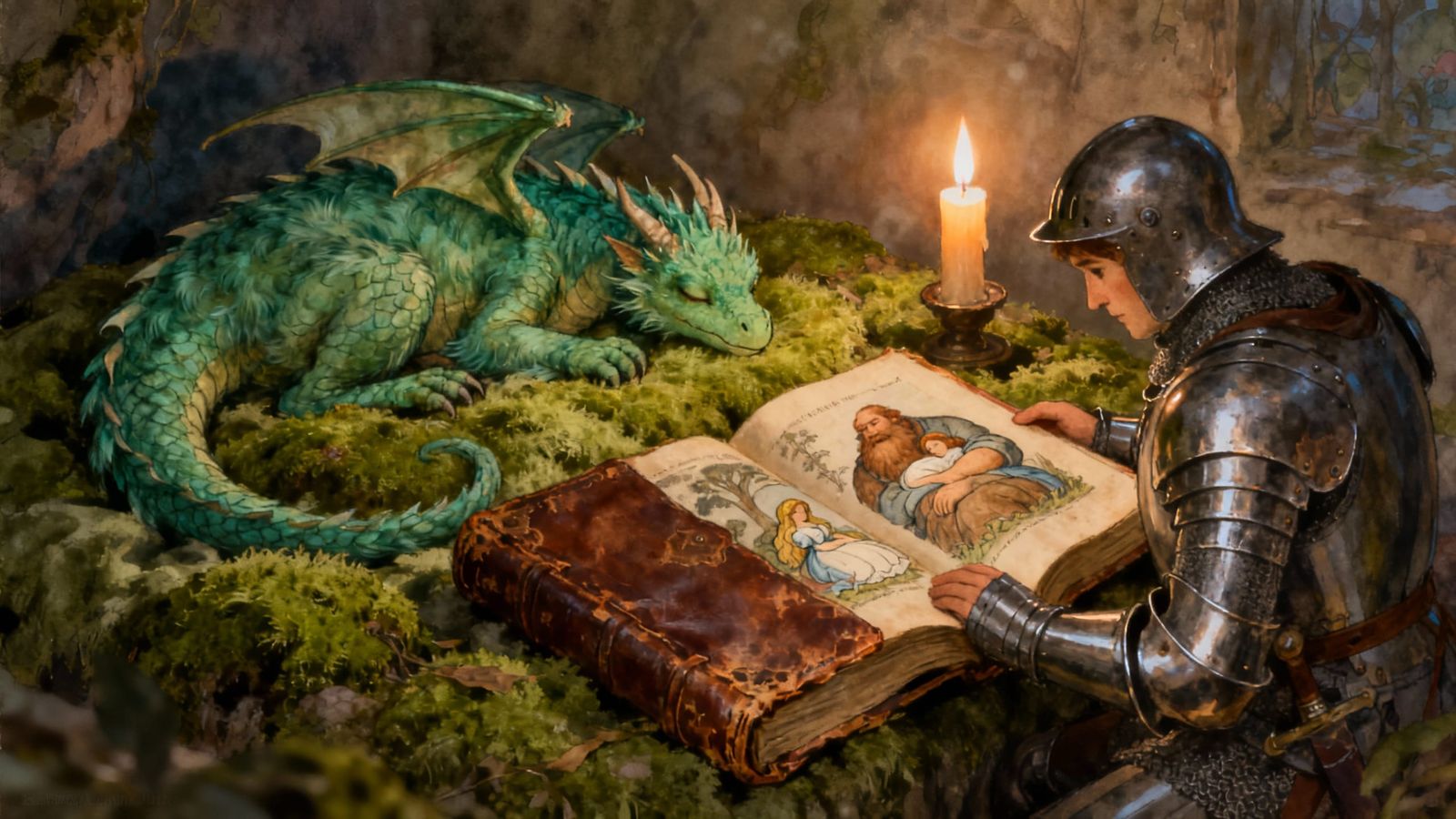 Dragon Asleep With Knight Reading Fairytale Book