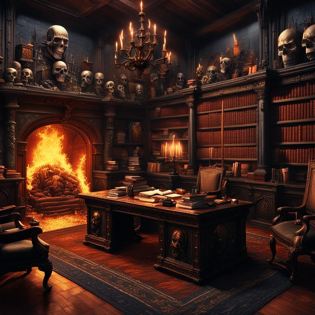 Gothic Castle Office with Skulls, Fantasy Concept Art