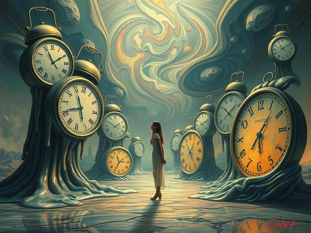 Surreal Woman Lost in Dreamlike Landscape of Melting Clocks