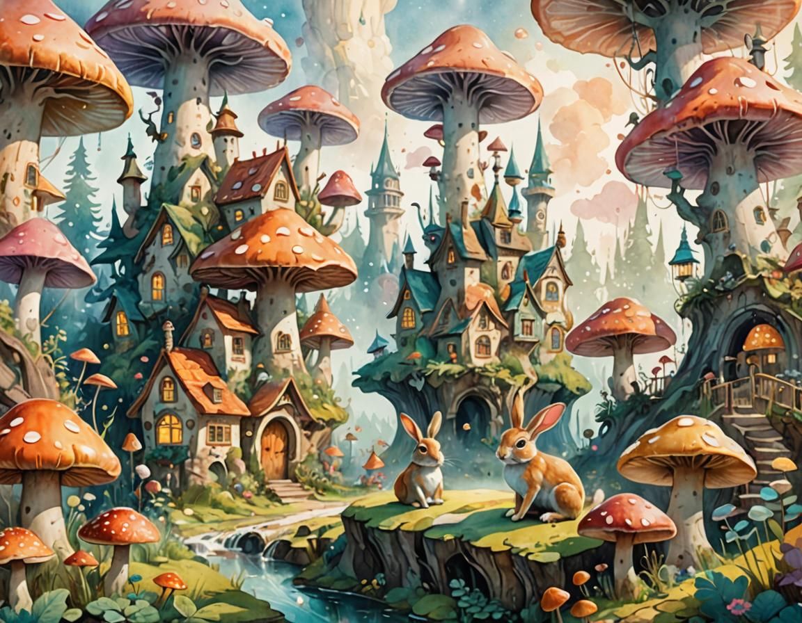 Fantasy Mushroom Village with Rabbits in Watercolor
