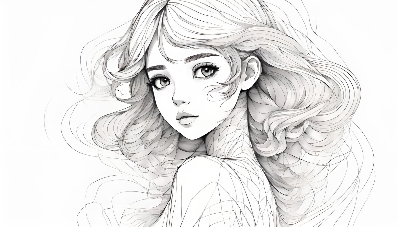 Minimalist Line Art of Cute Anime Girl