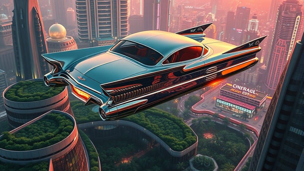 Retro-Futuristic Flying Car Over Cyberpunk Metropolis