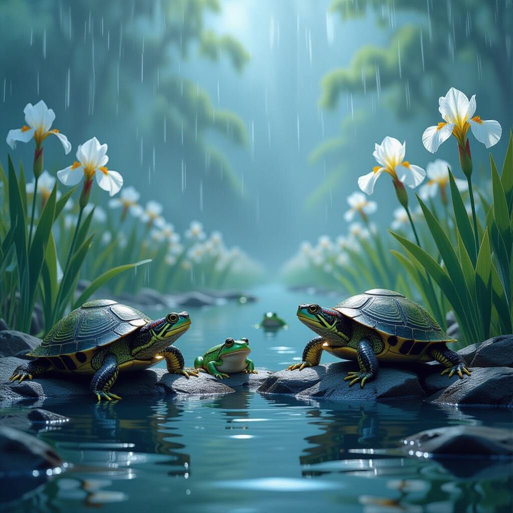 Rainy Pond Scene with Iris Flowers, Digital Painting