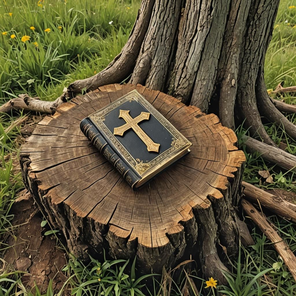 Antique Bible with Cross in Meadow Setting