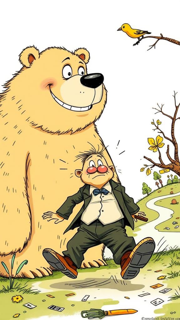 a quirky whimsical bear watching with amusement as a distraught, eccentric man frantically runs away, in a hand-drawn st...