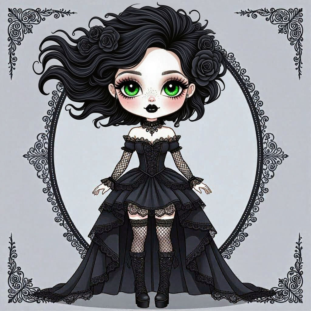Gothic Chibi Doll Digital Art with Black Roses and Lace