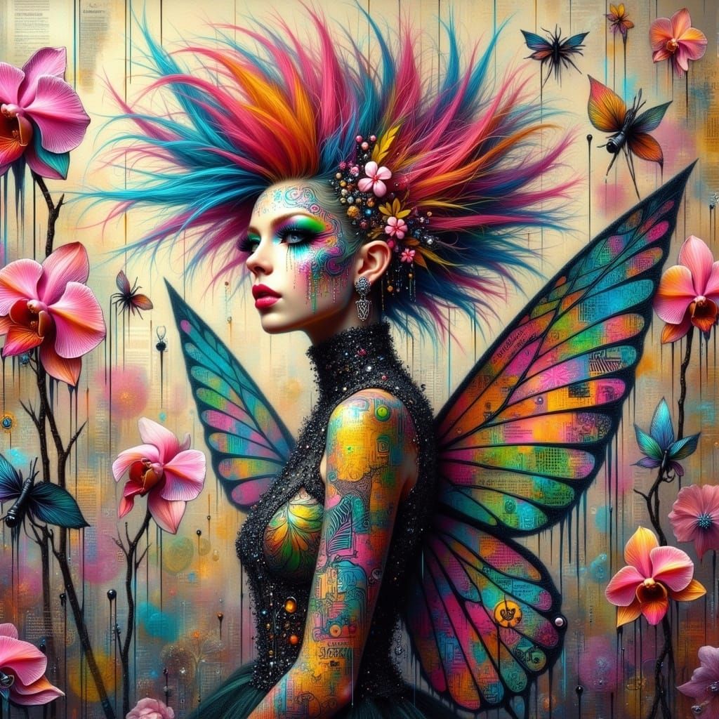<lora:Fairy Punk:1.0> Vibrant, flamboyant performer with an exaggerated, geometric hairstyle and avant-garde fashion sen...