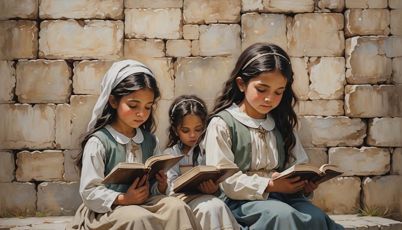 Girls Praying by Western Wall: Dreamy Oil Painting