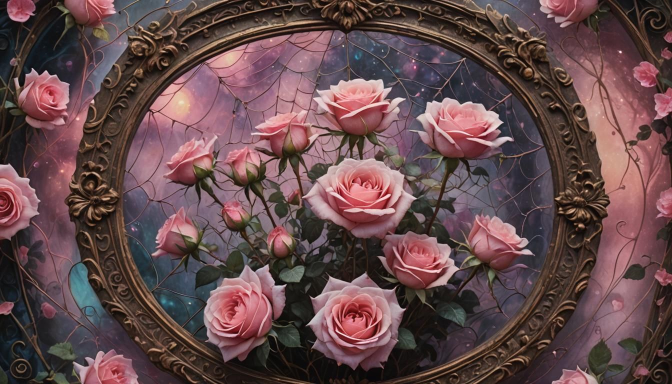 Mystical Roses in Ornate Frame, Ethereal Illustration