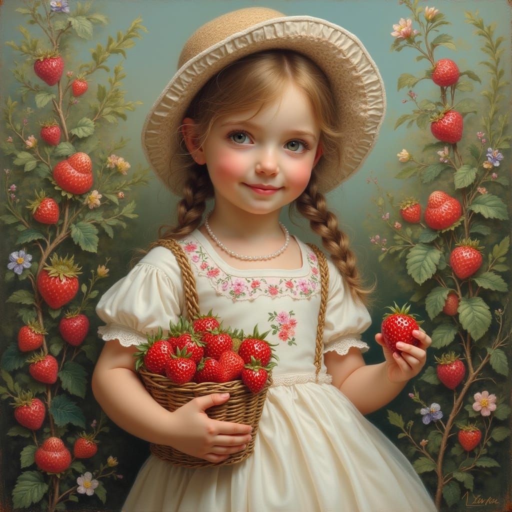 Girl with Strawberries, Hyperrealistic Style