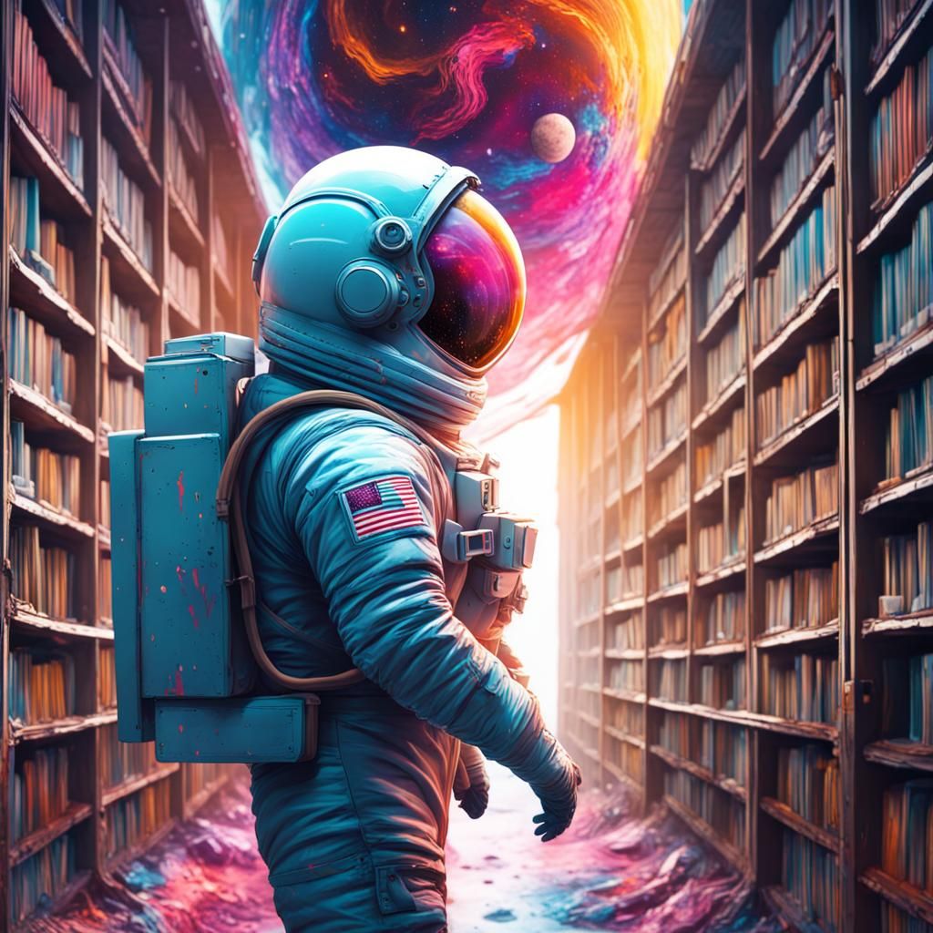 Astronaut Exploring Infinite Library in Graffiti Art Style