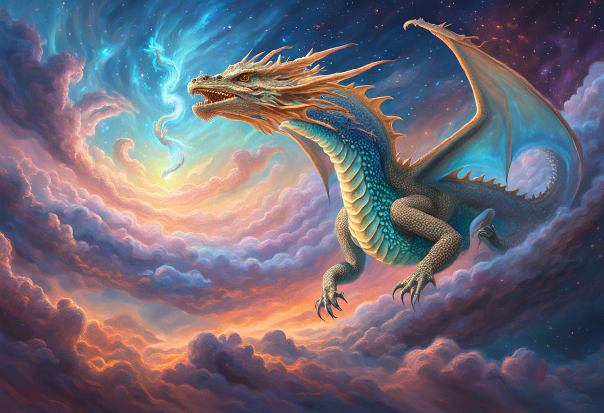 Bioluminescent Dragon Soaring Through Nebula: Surreal Fantas...