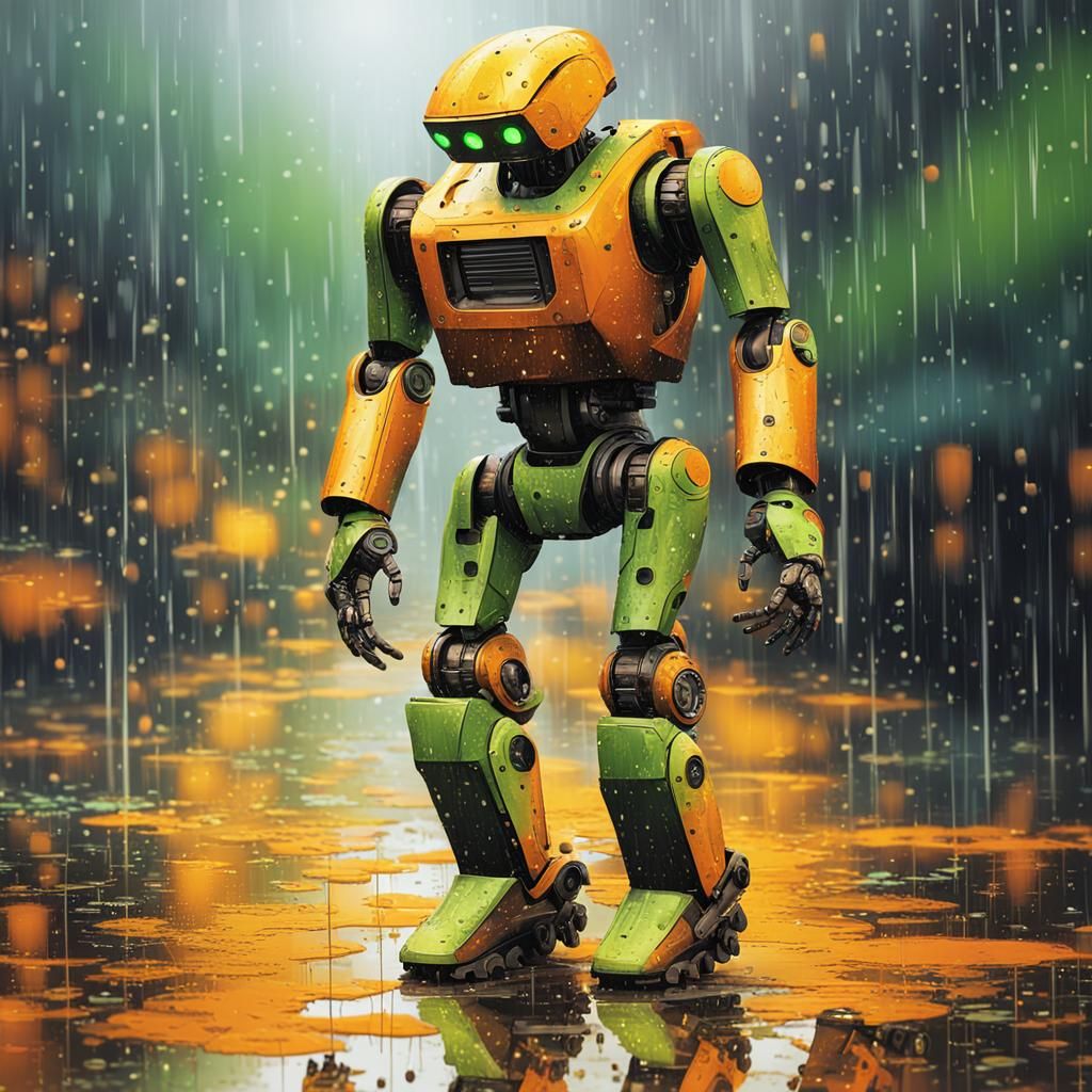 Sad Robot Walks in Rain: Abstract Art