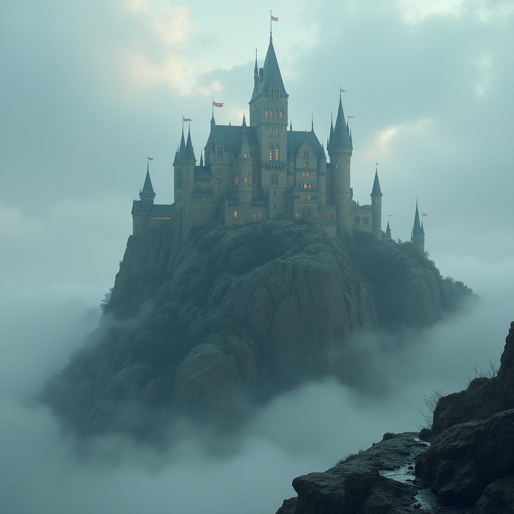 Majestic Castle Rises from Misty Mountain Peak in Fantasy St...