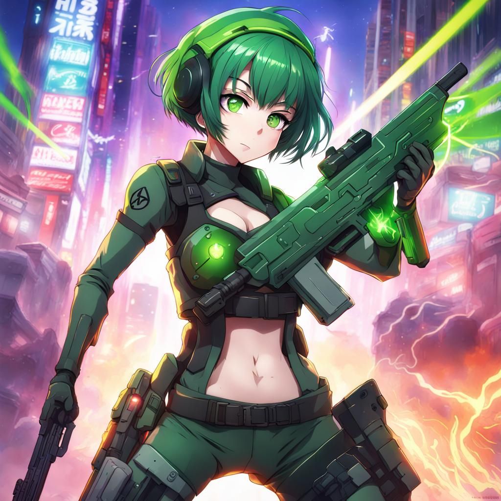 Anime Girl in Future Combat Gear with Laser Rifle