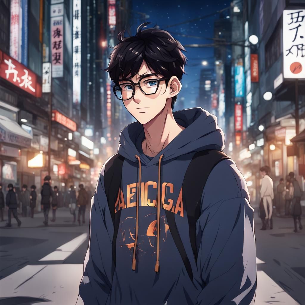 Asian twink cute boy, stunning eyesight, muscular , adorable, circle frame glasses, walking in Japan night city-street ,...