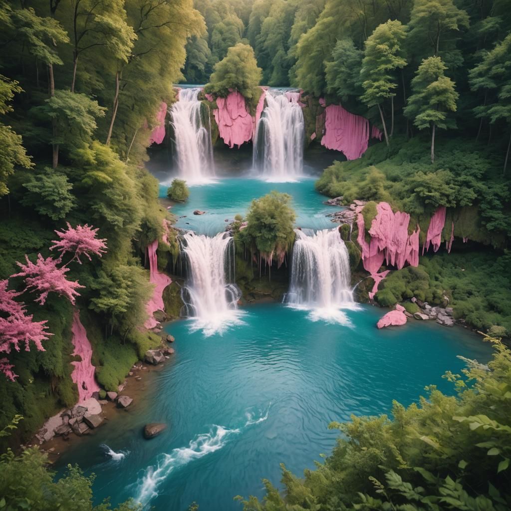 Pink Waterfall Cascade in Lush Green Forest