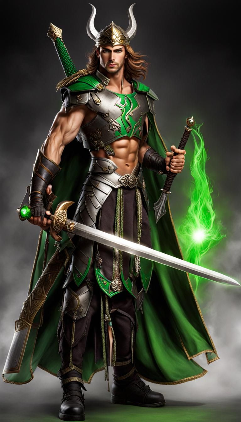 Green-Eyed Warrior with Sword and Flail