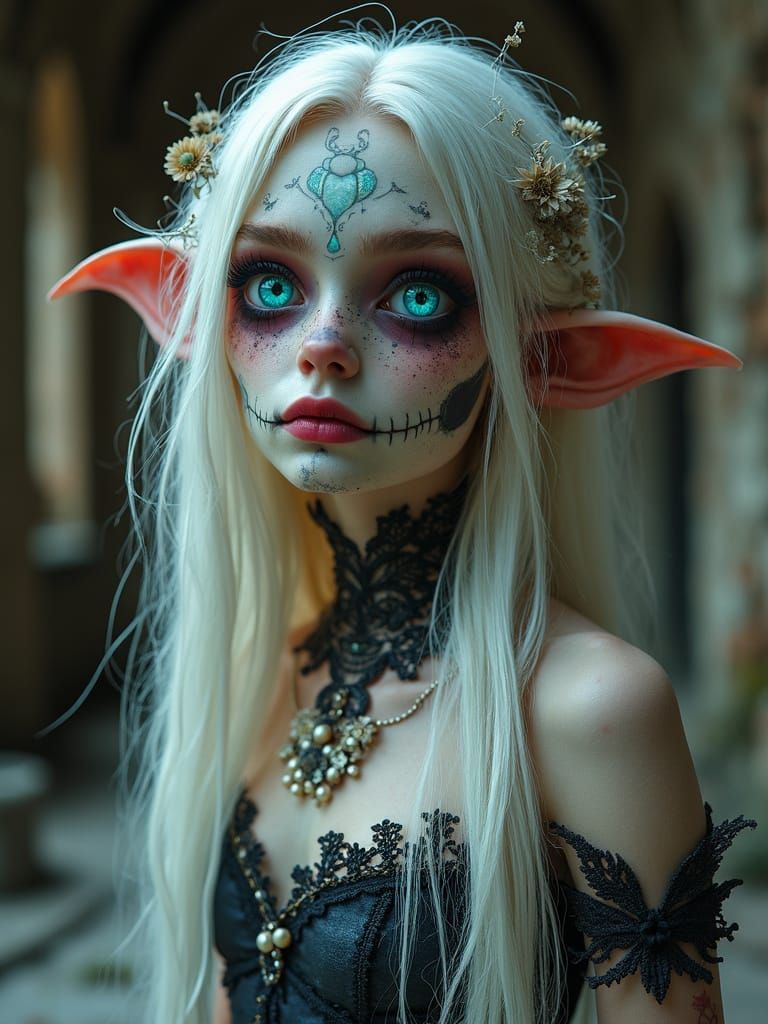 Ethereal Sugar Skull Elf in Haunting Victorian-Inspired Port...