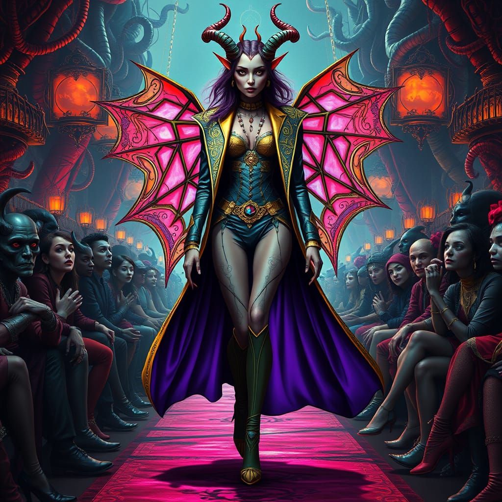 Surreal Fashion Model Struts Hellish Catwalk in Opulent Ense...