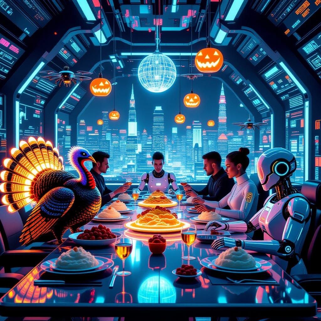 Futuristic Thanksgiving Feast with Robotic Turkeys and Holog...
