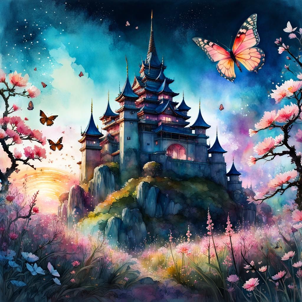 Cosmic Castle with Blossoms: Watercolor Summerscape Sunset