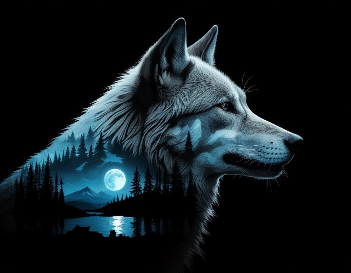 Wolf Silhouette Double Exposure Under Moonlit Mountains
