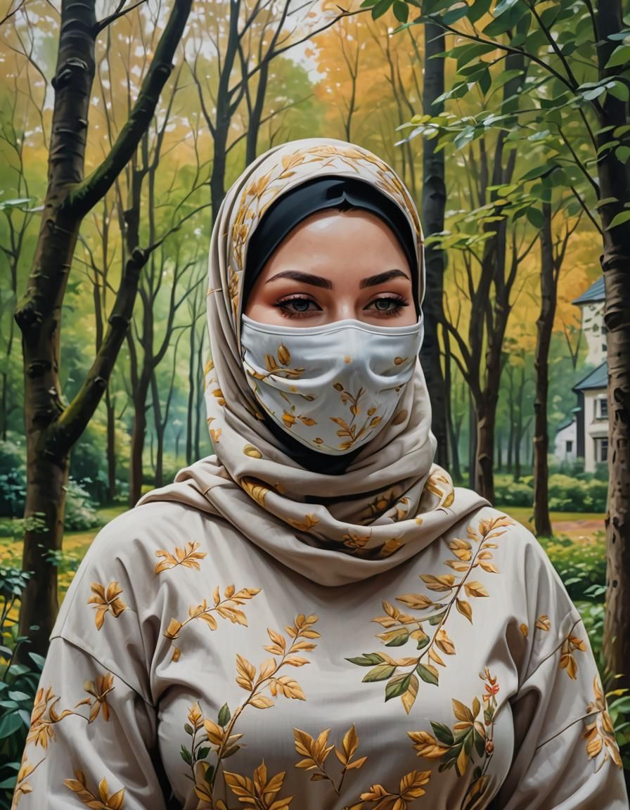 Woman in Hijab and Balaclava in Forest Garden