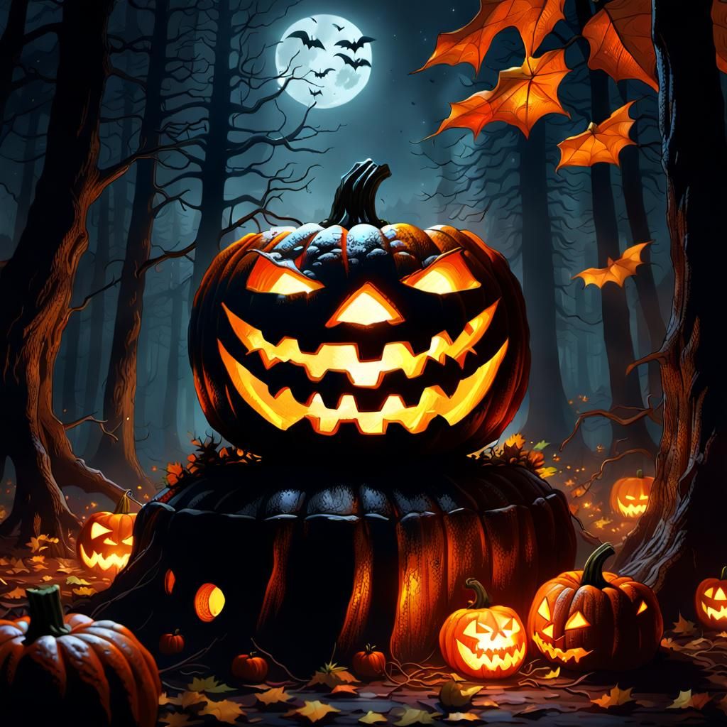 Scariest Jack-o'-Lantern in Dark Forest, Fantasy Art