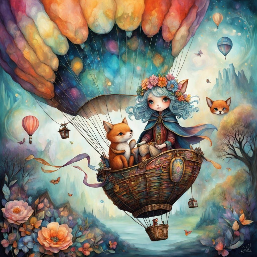 Woodland Creature Rides Ethereal Hot Air Balloon