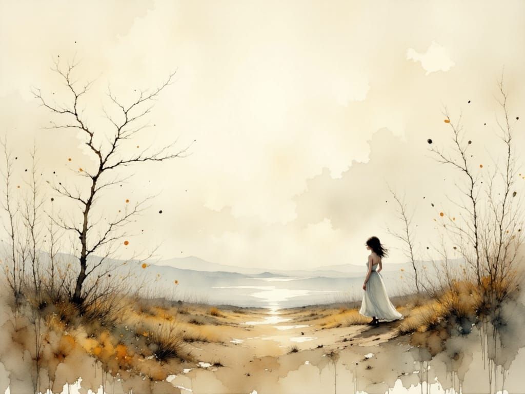 Sorrowful Figure in Watercolor Landscape with Ink Textures