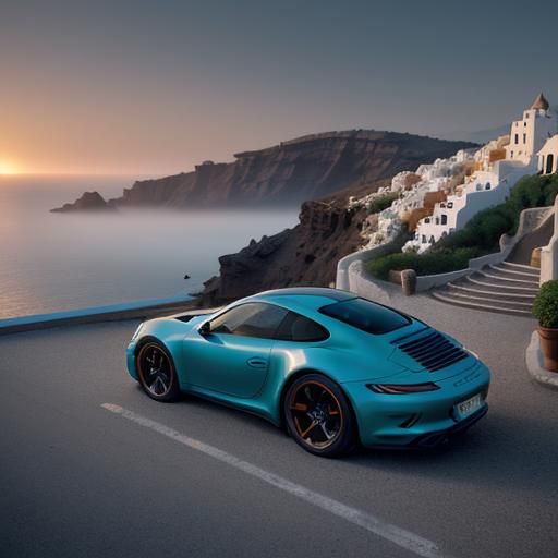 Porsche 911 Races Through Santorini: Oil Painting Style