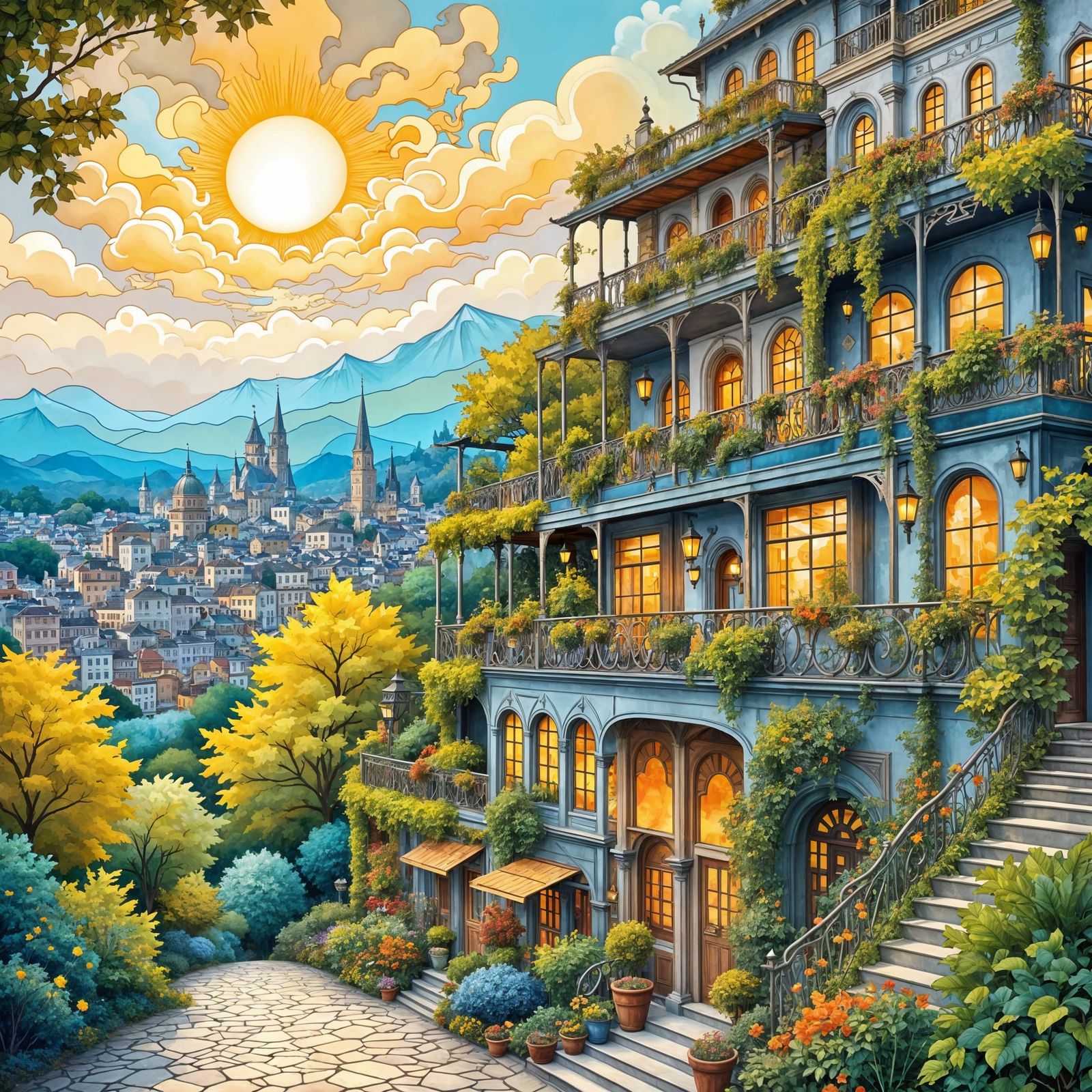 Art Nouveau Cityscape with Abstract Background