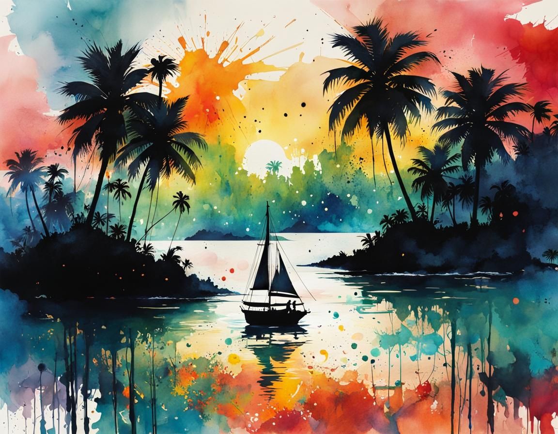 Tropical Island Sunset in Watercolor Splash Art