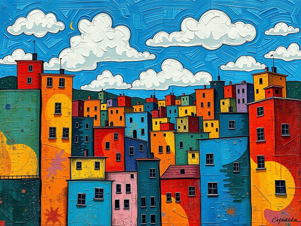 Vibrant Cityscape Inspired by Folk Art Aesthetics