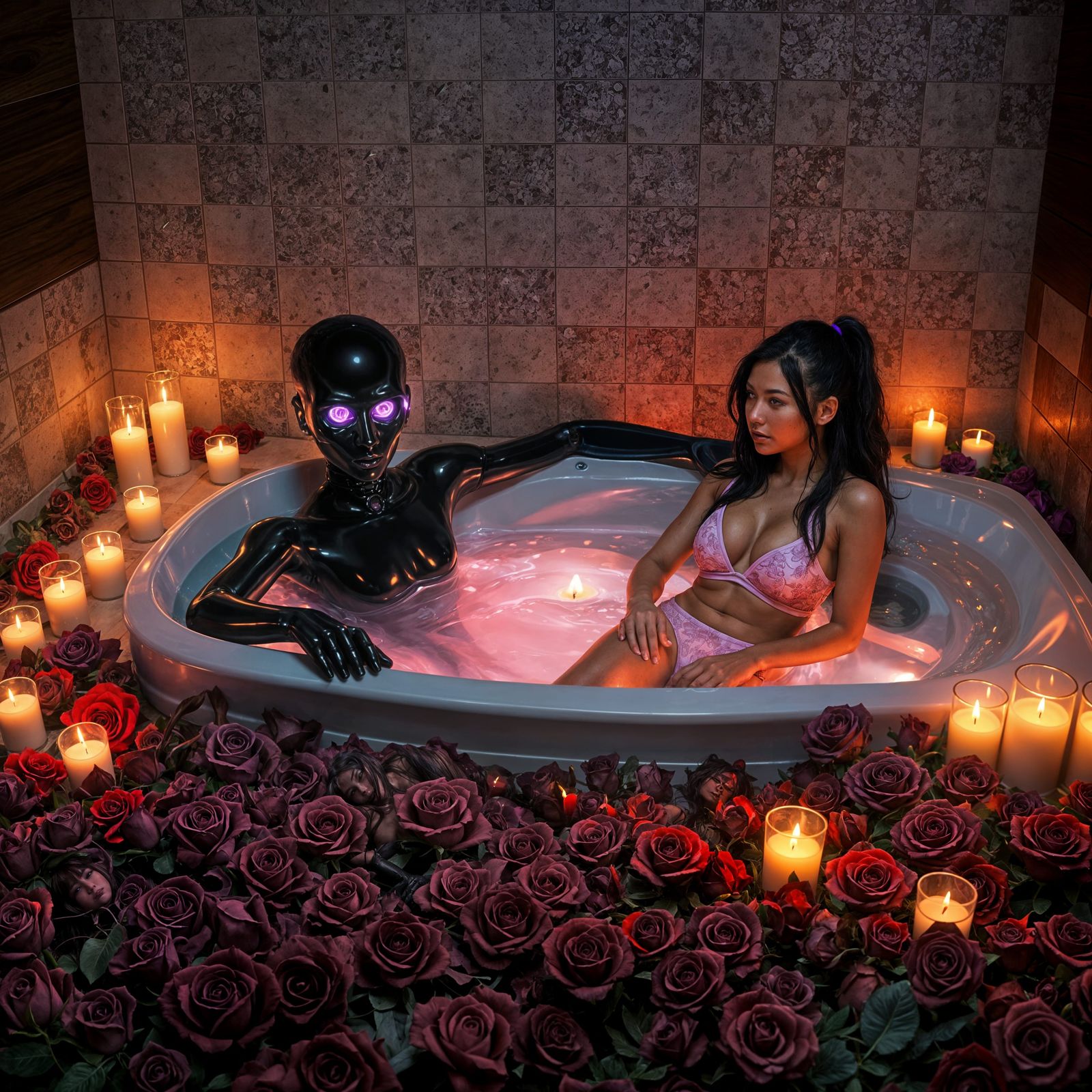 Biomechanical Figure in Hot Tub with Girlfriend