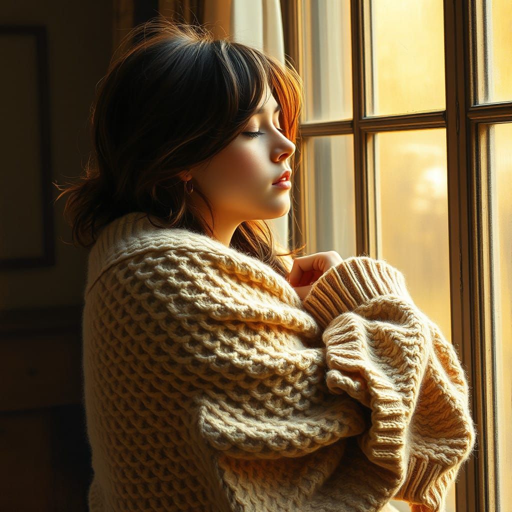 Nostalgic Young Woman Wrapped in Faded Sweater