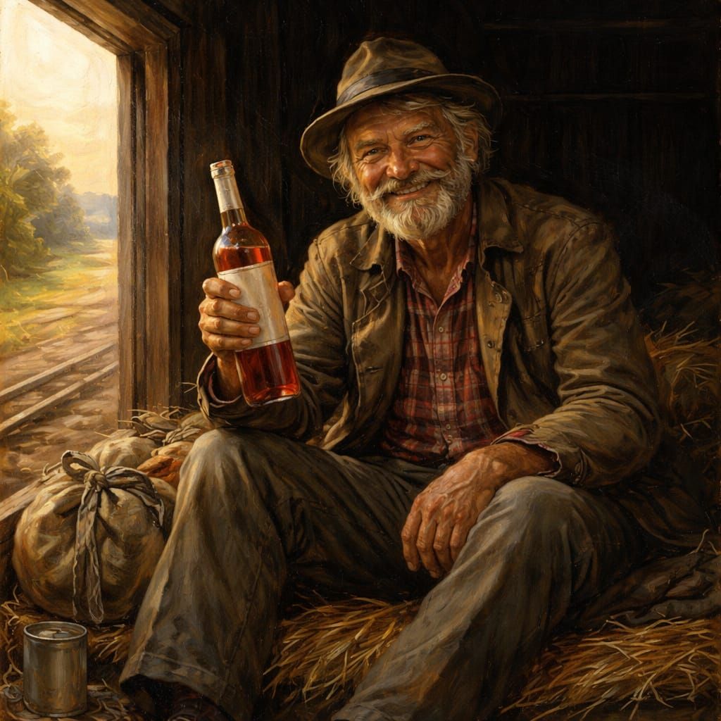 Happy Hobo Enjoys Rosé in Boxcar Painting