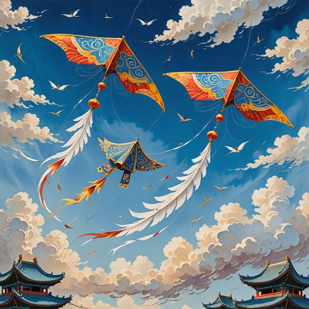 Chinese Fighting Kites in Blue Sky Gouache Painting