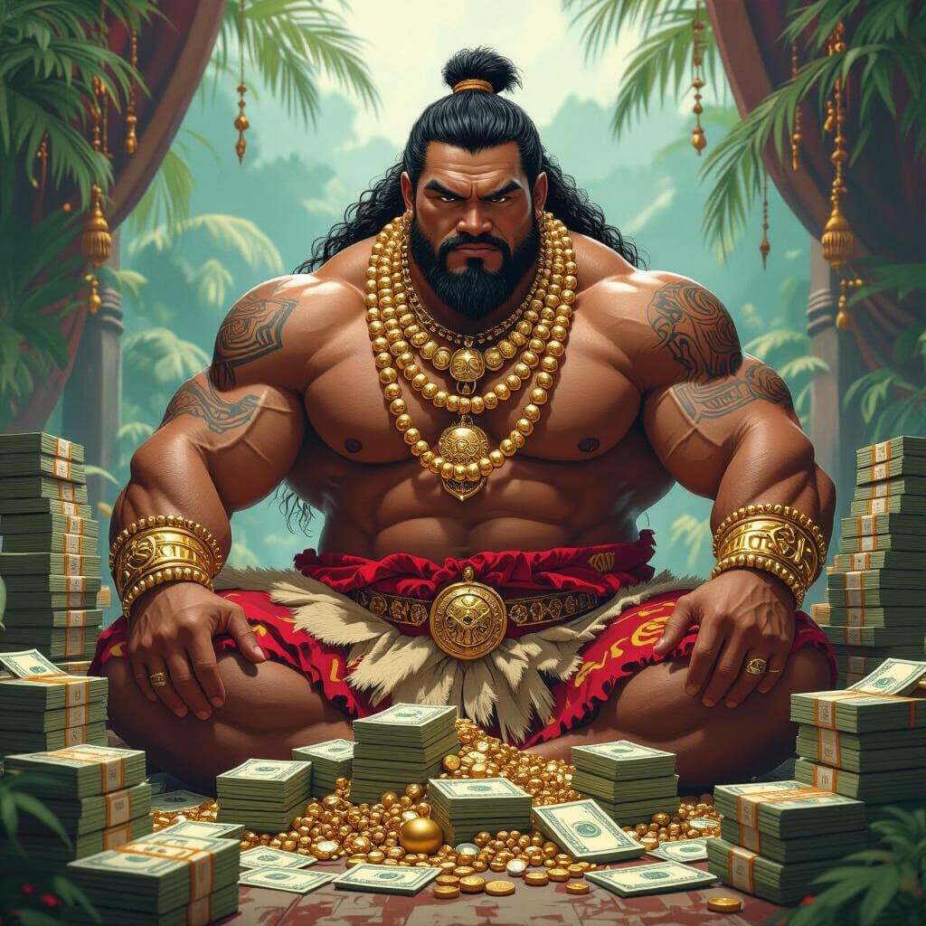 Samoan Warrior Surrounded by Treasure in Digital Art Style