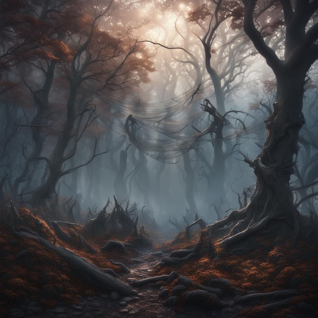 Misty Forest Clearing with Spiderwebs: Matte Painting