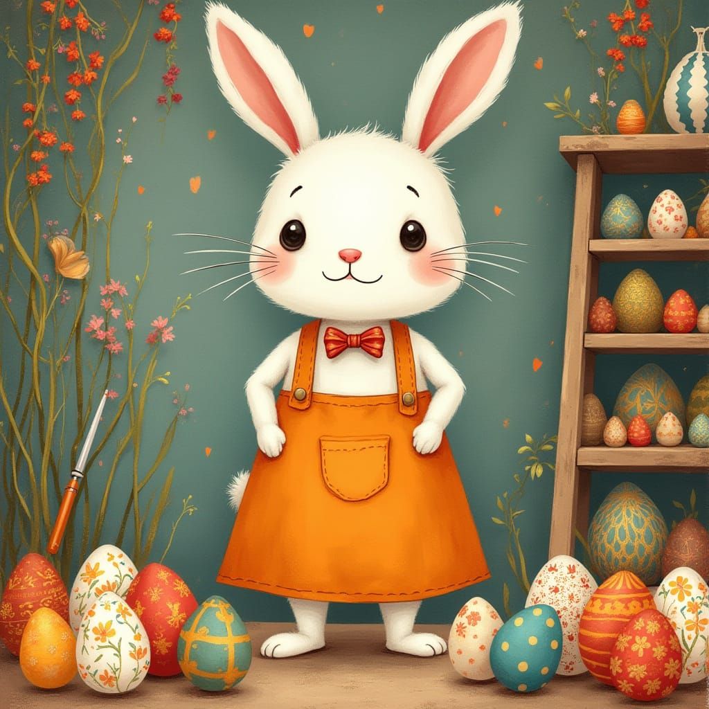 Whimsical Bunny in a Vibrant Egg-Painting Factory